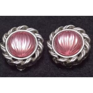 Vintage Earrings Pink Glass Cabochons Dome Clip-on Chunky Silvertone Bezel Set